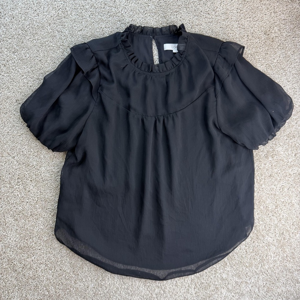 LOFT Blouse Womens XL Black Mock Neck Puff Short Sleeve Chiffon Ruffle Top